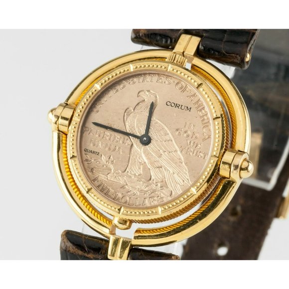 Corum 18k Yellow Gold $5 Half Eagle Quartz Coin Watch w/ Rotating Bezel - Picture 3 of 10